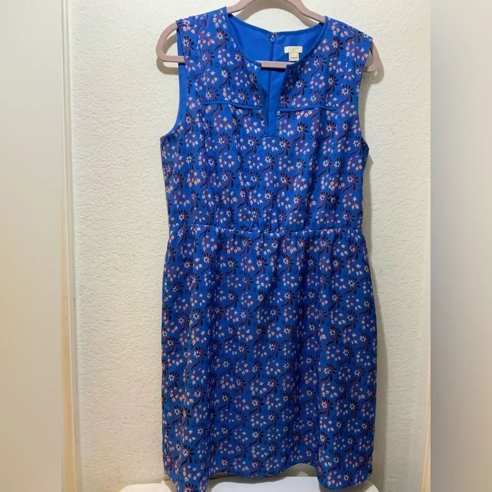 J. Crew Floral Blue Sleeveless V Neck Flounce Summer Dress Size 12